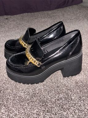 Soda Black Patent Platform Loafers with Gold Chain